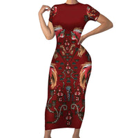 Oxblood Bird of Batik Papua Short Sleeve Bodycon Dress Exotic Natural Wealth of Papua - Polynesian Pride
