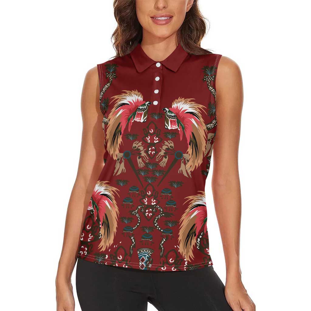 Oxblood Bird of Batik Papua Women Sleeveless Polo Shirt Exotic Natural Wealth of Papua - Polynesian Pride