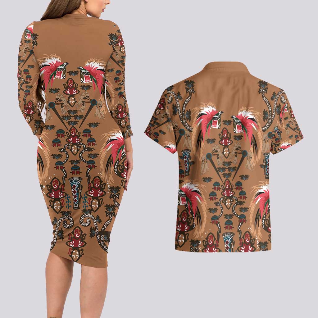 Terracotta Bird of Batik Papua Couples Matching Long Sleeve Bodycon Dress and Hawaiian Shirt Exotic Natural Wealth of Papua - Polynesian Pride