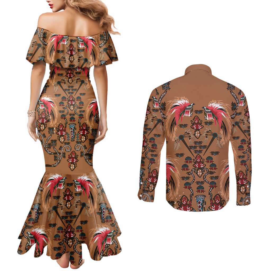 Terracotta Bird of Batik Papua Couples Matching Mermaid Dress and Long Sleeve Button Shirt Exotic Natural Wealth of Papua - Polynesian Pride