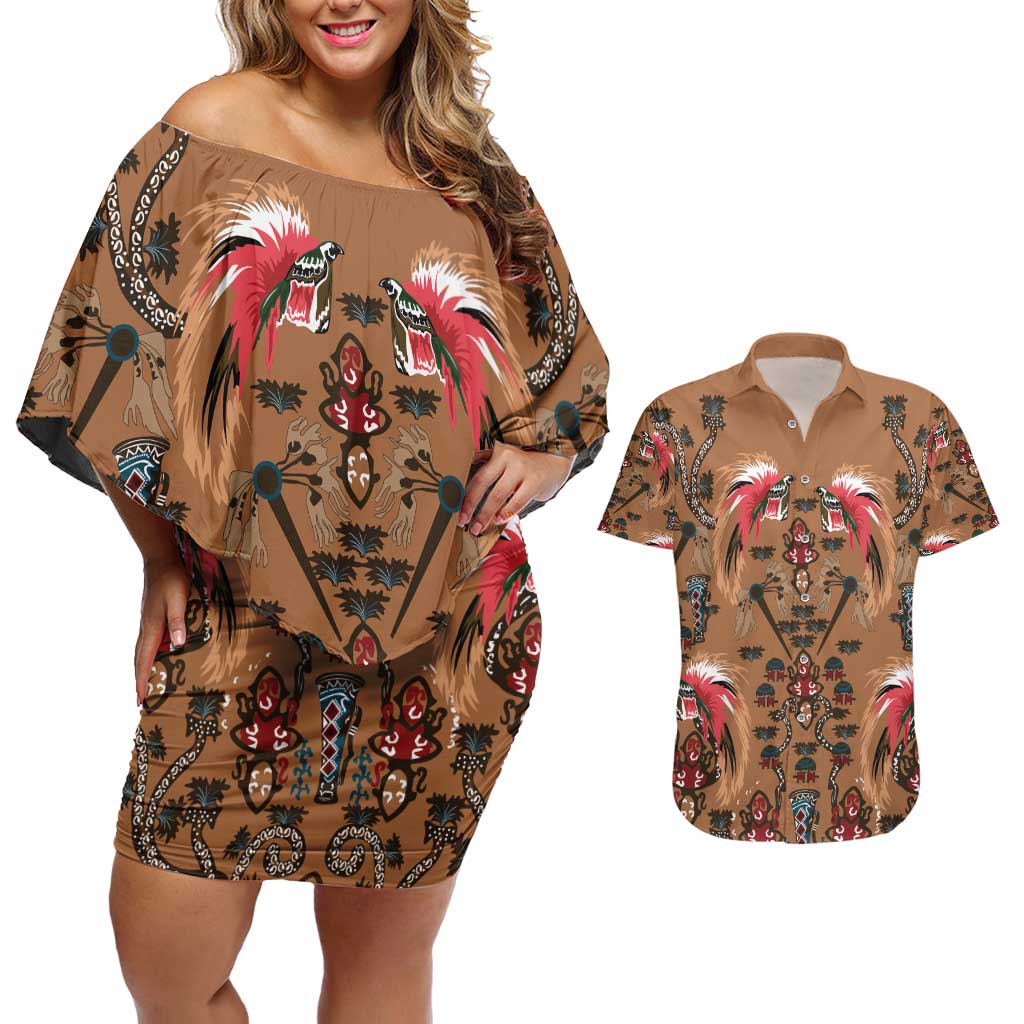 Terracotta Bird of Batik Papua Couples Matching Off Shoulder Short Dress and Hawaiian Shirt Exotic Natural Wealth of Papua - Polynesian Pride