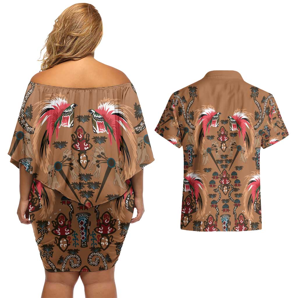 Terracotta Bird of Batik Papua Couples Matching Off Shoulder Short Dress and Hawaiian Shirt Exotic Natural Wealth of Papua - Polynesian Pride