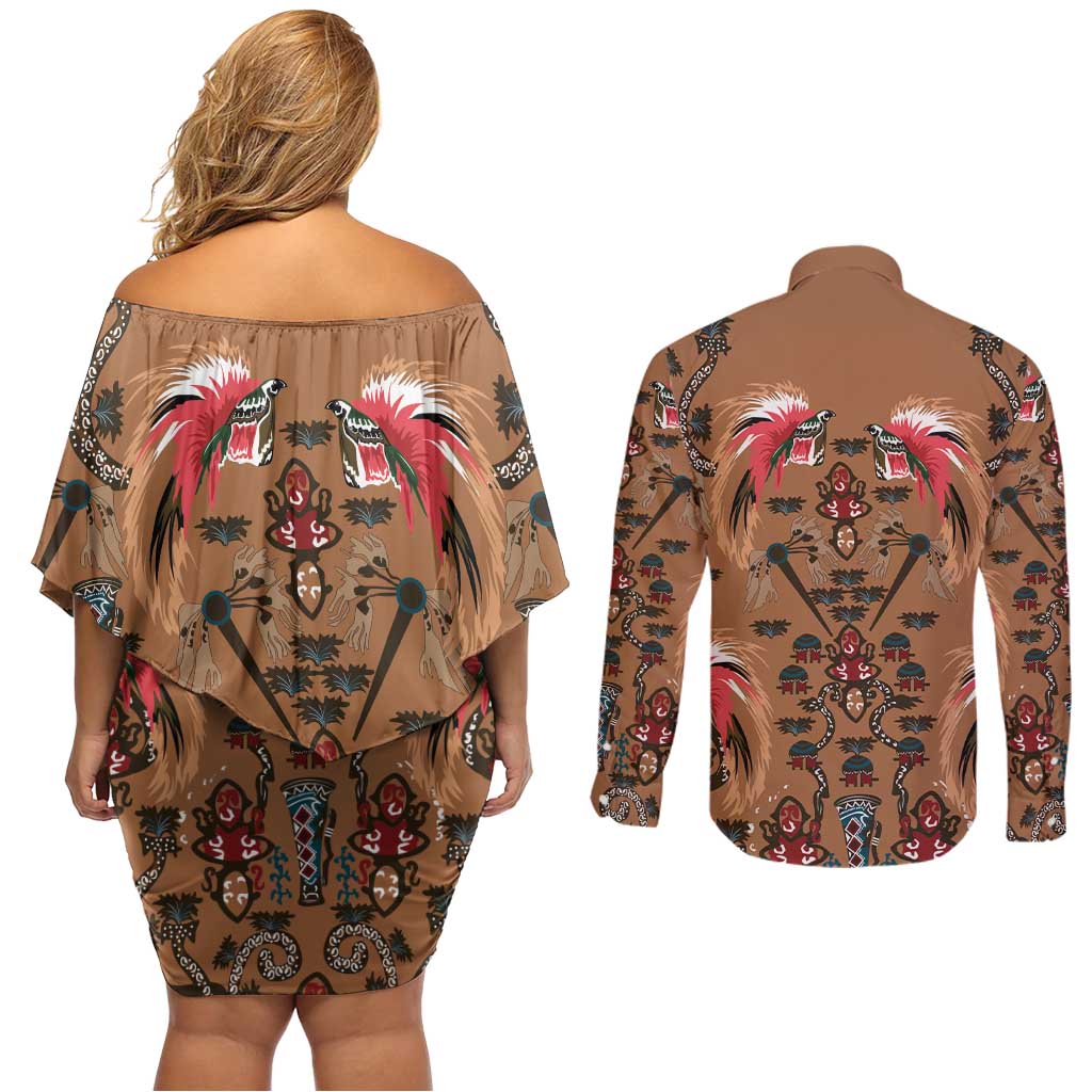 Terracotta Bird of Batik Papua Couples Matching Off Shoulder Short Dress and Long Sleeve Button Shirt Exotic Natural Wealth of Papua - Polynesian Pride