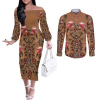 Terracotta Bird of Batik Papua Couples Matching Off The Shoulder Long Sleeve Dress and Long Sleeve Button Shirt Exotic Natural Wealth of Papua - Polynesian Pride