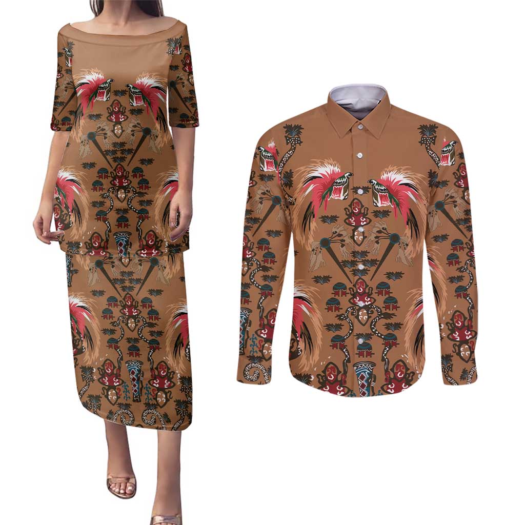 Terracotta Bird of Batik Papua Couples Matching Puletasi and Long Sleeve Button Shirt Exotic Natural Wealth of Papua - Polynesian Pride
