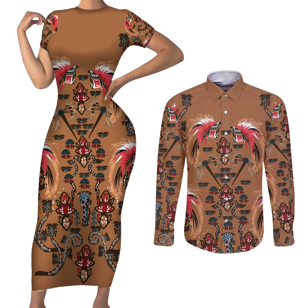 Terracotta Bird of Batik Papua Couples Matching Short Sleeve Bodycon Dress and Long Sleeve Button Shirt Exotic Natural Wealth of Papua LT9 Gold - Polynesian Pride