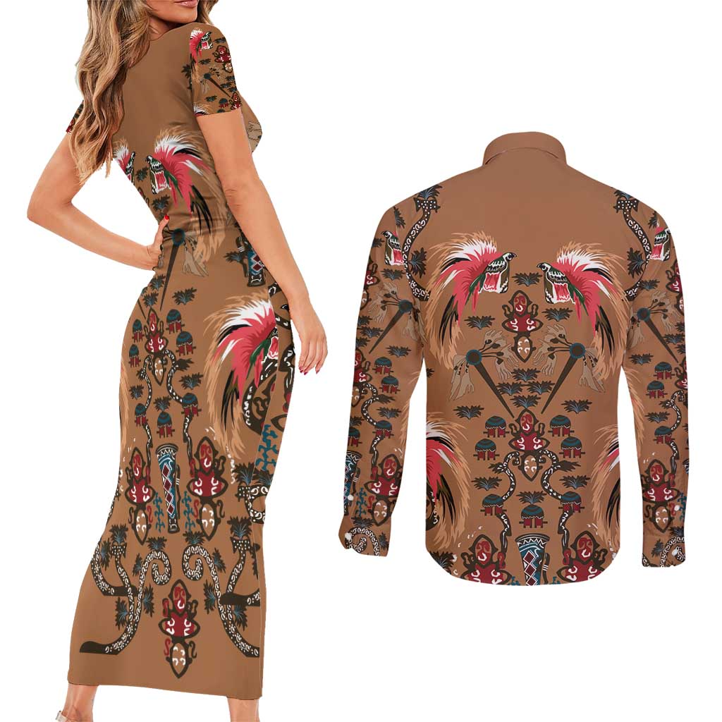Terracotta Bird of Batik Papua Couples Matching Short Sleeve Bodycon Dress and Long Sleeve Button Shirt Exotic Natural Wealth of Papua LT9 - Polynesian Pride