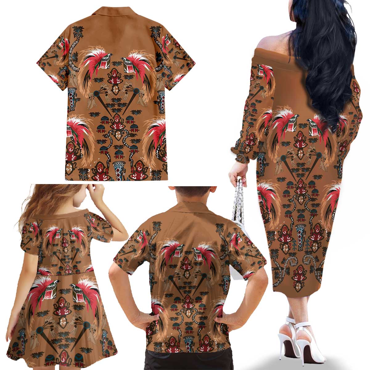 Terracotta Bird of Batik Papua Family Matching Off The Shoulder Long Sleeve Dress and Hawaiian Shirt Exotic Natural Wealth of Papua - Polynesian Pride