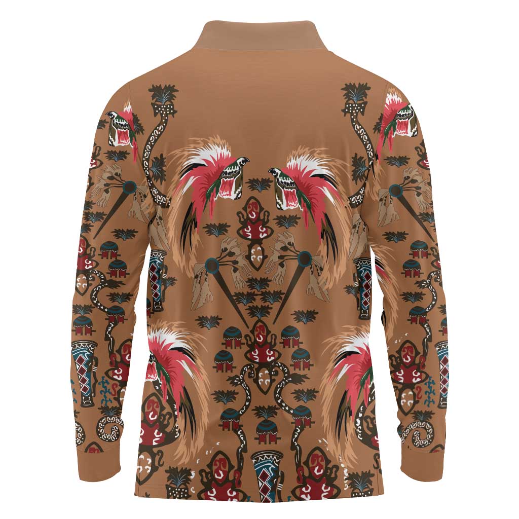 Terracotta Bird of Batik Papua Long Sleeve Polo Shirt Exotic Natural Wealth of Papua - Polynesian Pride