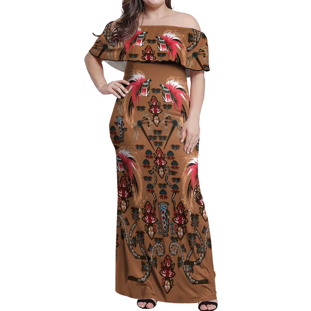 Terracotta Bird of Batik Papua Off Shoulder Maxi Dress Exotic Natural Wealth of Papua LT9 Women Gold - Polynesian Pride