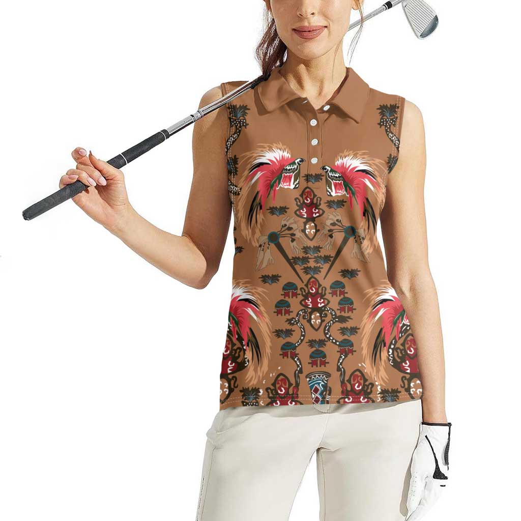 Terracotta Bird of Batik Papua Women Sleeveless Polo Shirt Exotic Natural Wealth of Papua - Polynesian Pride