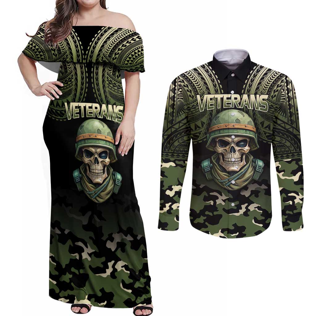 Veterans Day Couples Matching Off Shoulder Maxi Dress and Long Sleeve Button Shirt War Never Leaves A Veteran Proud Military