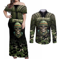 Veterans Day Couples Matching Off Shoulder Maxi Dress and Long Sleeve Button Shirt War Never Leaves A Veteran Proud Military