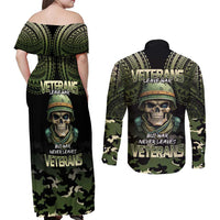 Veterans Day Couples Matching Off Shoulder Maxi Dress and Long Sleeve Button Shirt War Never Leaves A Veteran Proud Military