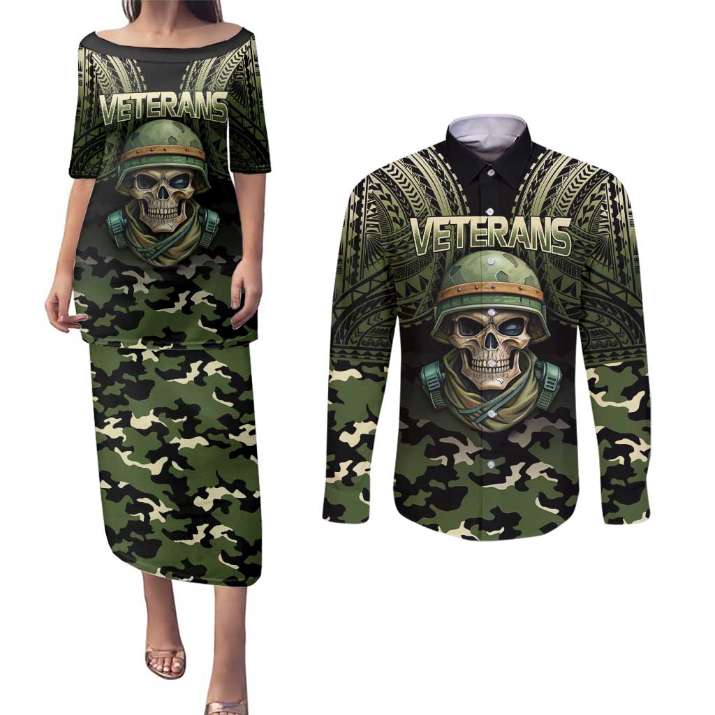 Veterans Day Couples Matching Puletasi and Long Sleeve Button Shirt War Never Leaves A Veteran Proud Military