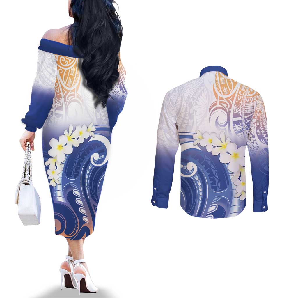 Marshall Islands Manit Day Couples Matching Off The Shoulder Long Sleeve Dress and Long Sleeve Button Shirt Plumeria and Polynesian Tribal