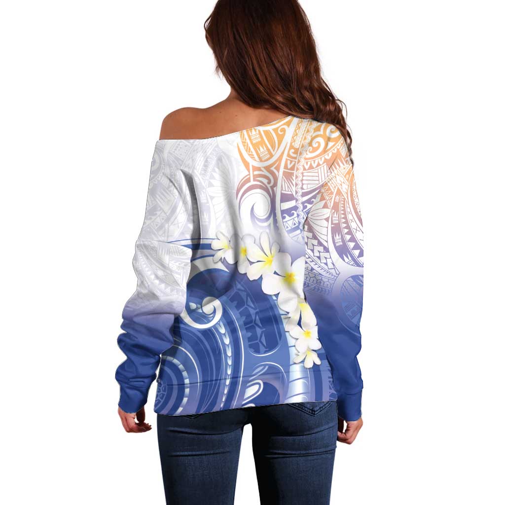 Marshall Islands Manit Day Off Shoulder Sweater Plumeria and Polynesian Tribal