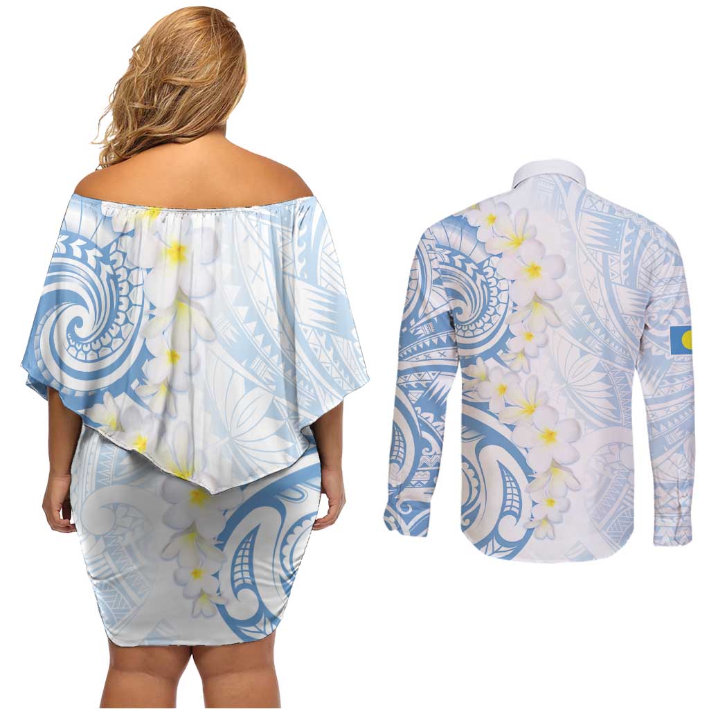 Palau 1981 Tribal Tattoo Couples Matching Off Shoulder Short Dress and Long Sleeve Button Shirt with Belau Plumeria Flowers