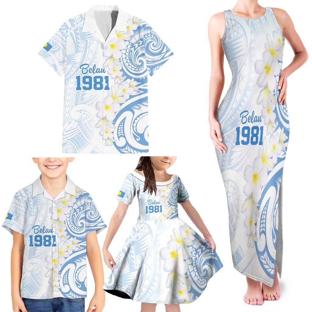 Palau 1981 Tribal Tattoo Family Matching Tank Maxi Dress and Hawaiian Shirt with Belau Plumeria Flowers