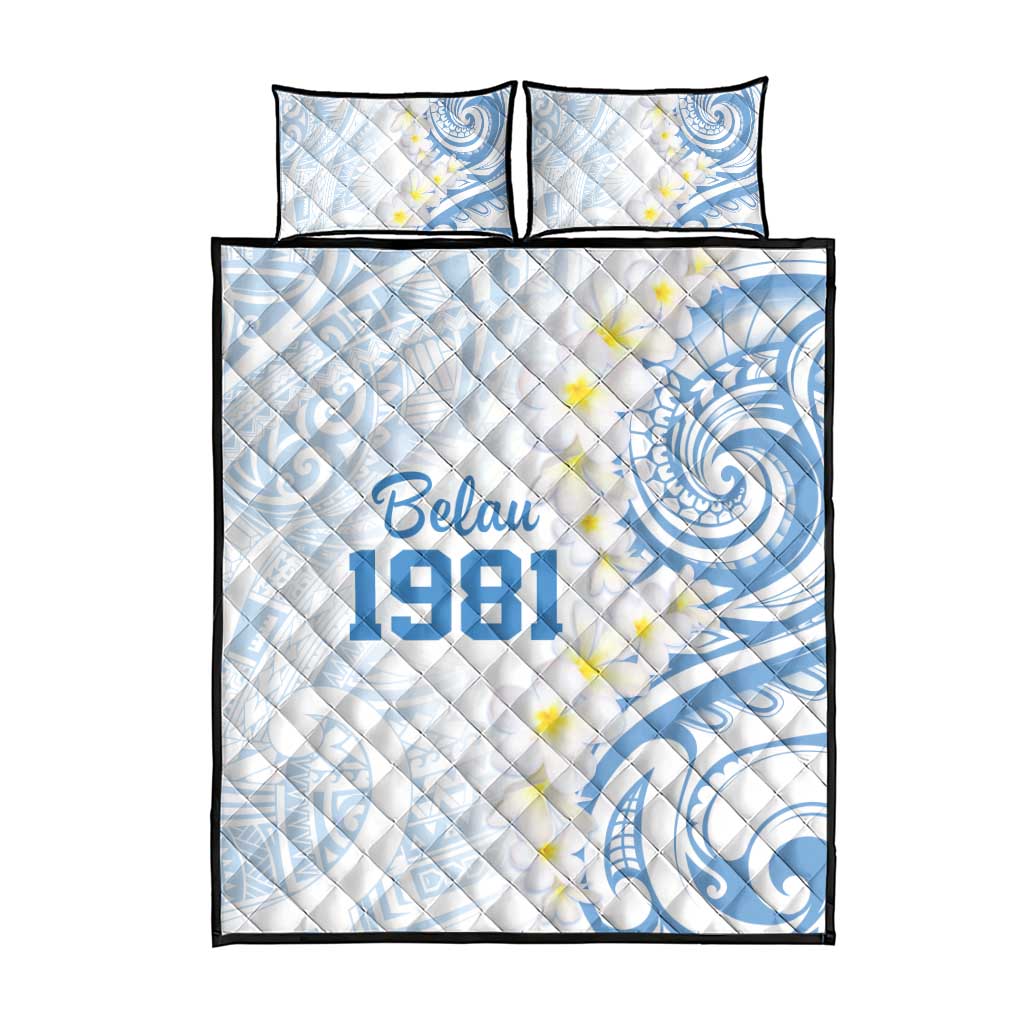 Palau 1981 Tribal Tattoo Quilt Bed Set with Belau Plumeria Flowers