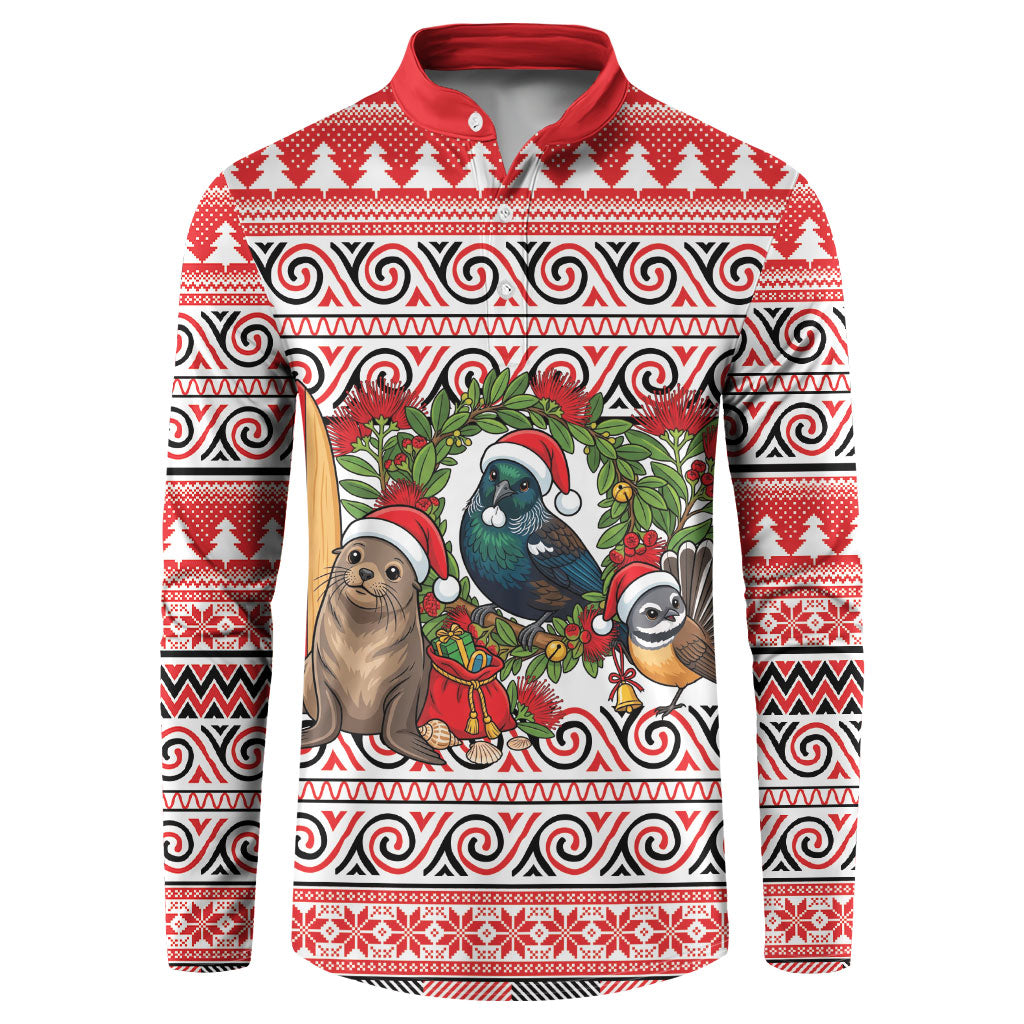 New Zealand Animal Christmas Button Sweatshirt Maori Inspired Kowhaiwhai Patterns LT9 Red - Polynesian Pride