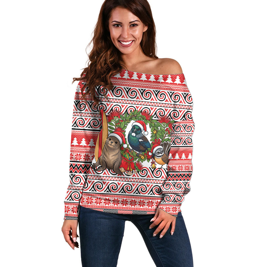 New Zealand Animal Christmas Off Shoulder Sweater Maori Inspired Kowhaiwhai Patterns LT9 Women Red - Polynesian Pride