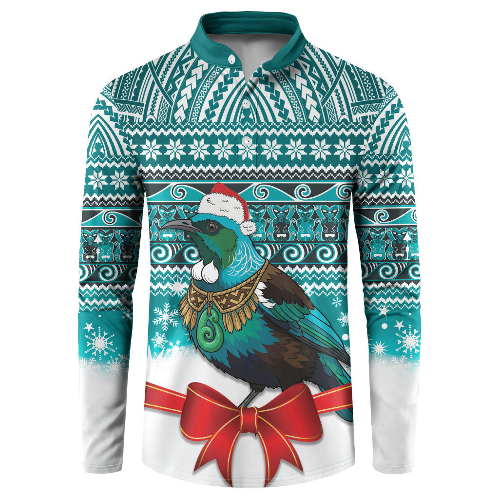 New Zealand Tui Bird Christmas Button Sweatshirt Maori Inspired Knitted Patterns LT9 Turquoise - Polynesian Pride