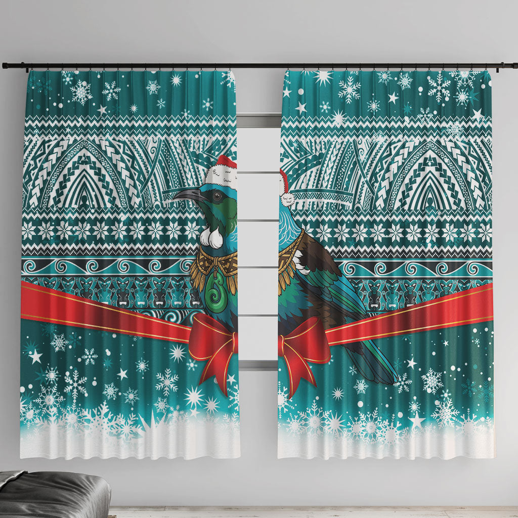 New Zealand Tui Bird Christmas Window Curtain Maori Inspired Knitted Patterns LT9 With Hooks Turquoise - Polynesian Pride