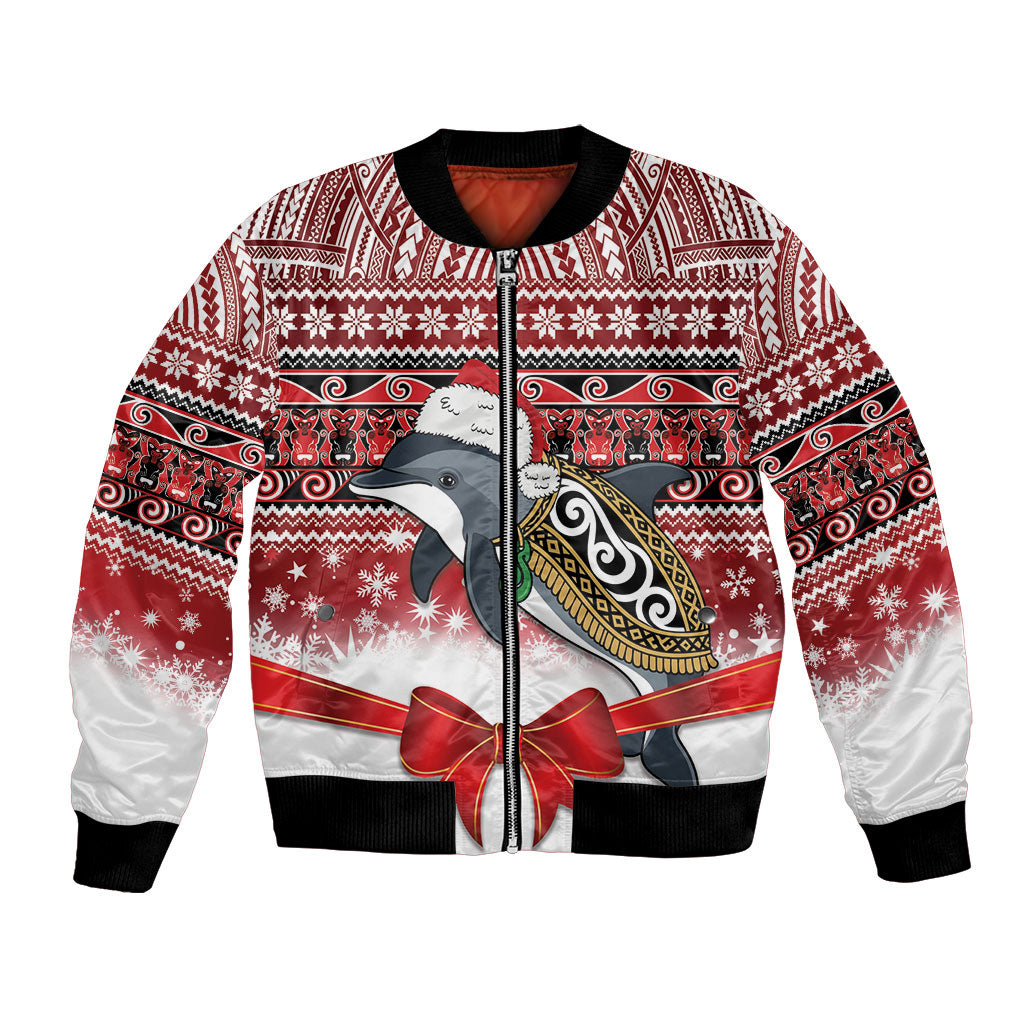 New Zealand Dolphin Terehu Christmas Bomber Jacket Maori Inspired Knitted Patterns LT9 Unisex Red - Polynesian Pride