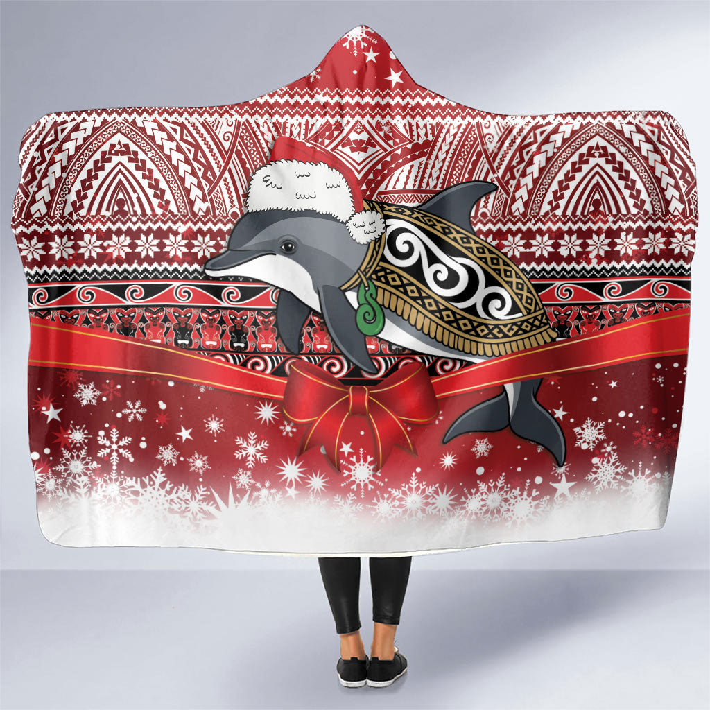 New Zealand Dolphin Terehu Christmas Hooded Blanket Maori Inspired Knitted Patterns LT9 One Size Red - Polynesian Pride