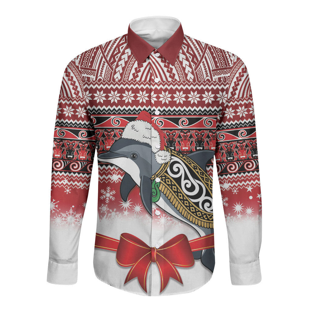 New Zealand Dolphin Terehu Christmas Long Sleeve Button Shirt Maori Inspired Knitted Patterns LT9 Unisex Red - Polynesian Pride