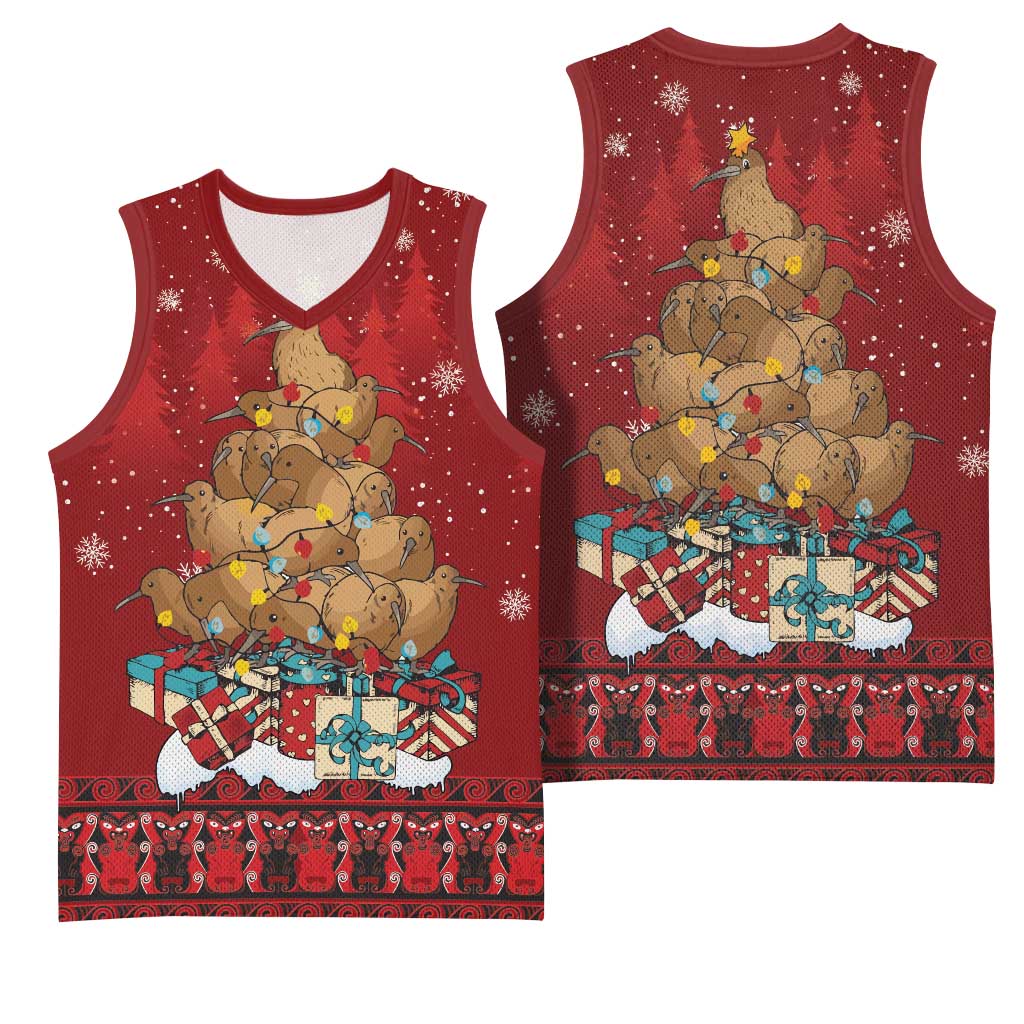 Funny Kiwi Bird Xmas Tree Basketball Jersey New Zealand Tribal Christmas Spirit - Polynesian Pride