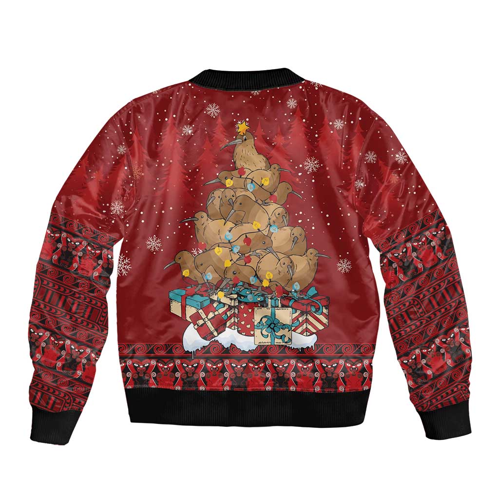 Funny Kiwi Bird Xmas Tree Bomber Jacket New Zealand Tribal Christmas Spirit - Polynesian Pride