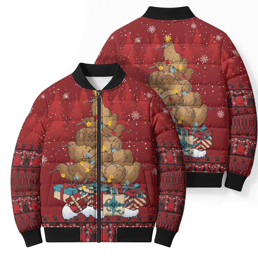 Funny Kiwi Bird Xmas Tree Bomber Puffer Jacket New Zealand Tribal Christmas Spirit - Polynesian Pride