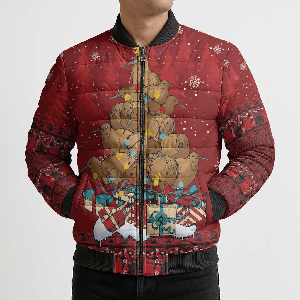 Funny Kiwi Bird Xmas Tree Bomber Puffer Jacket New Zealand Tribal Christmas Spirit - Polynesian Pride