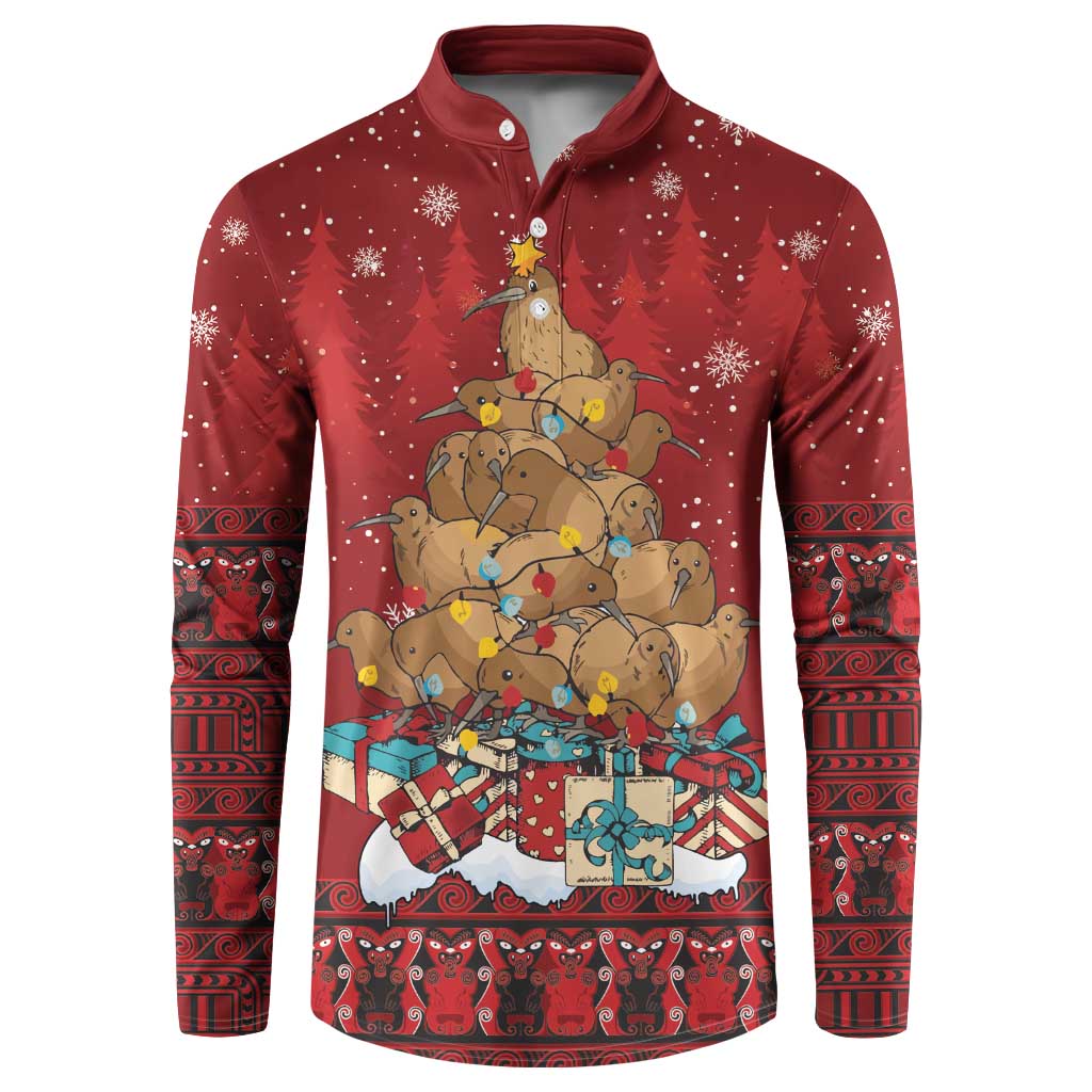 Funny Kiwi Bird Xmas Tree Button Sweatshirt New Zealand Tribal Christmas Spirit LT9 Red - Polynesian Pride