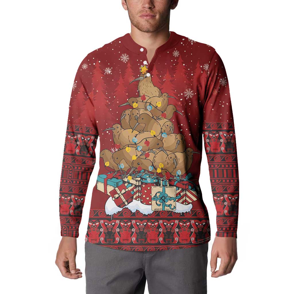 Funny Kiwi Bird Xmas Tree Button Sweatshirt New Zealand Tribal Christmas Spirit LT9 - Polynesian Pride