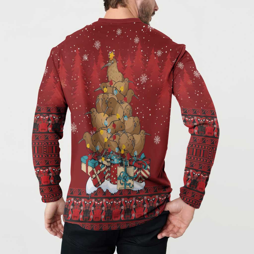 Funny Kiwi Bird Xmas Tree Button Sweatshirt New Zealand Tribal Christmas Spirit LT9 - Polynesian Pride