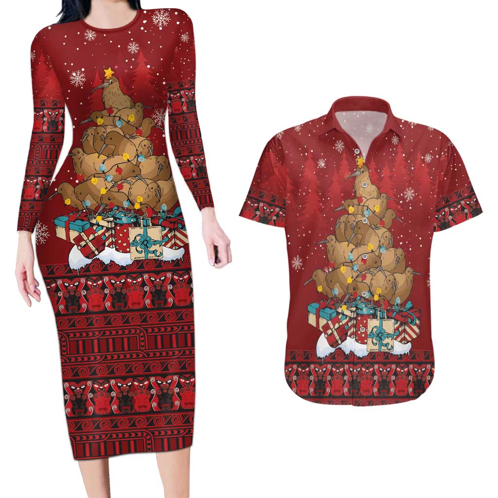 Funny Kiwi Bird Xmas Tree Couples Matching Long Sleeve Bodycon Dress and Hawaiian Shirt New Zealand Tribal Christmas Spirit LT9 Red - Polynesian Pride