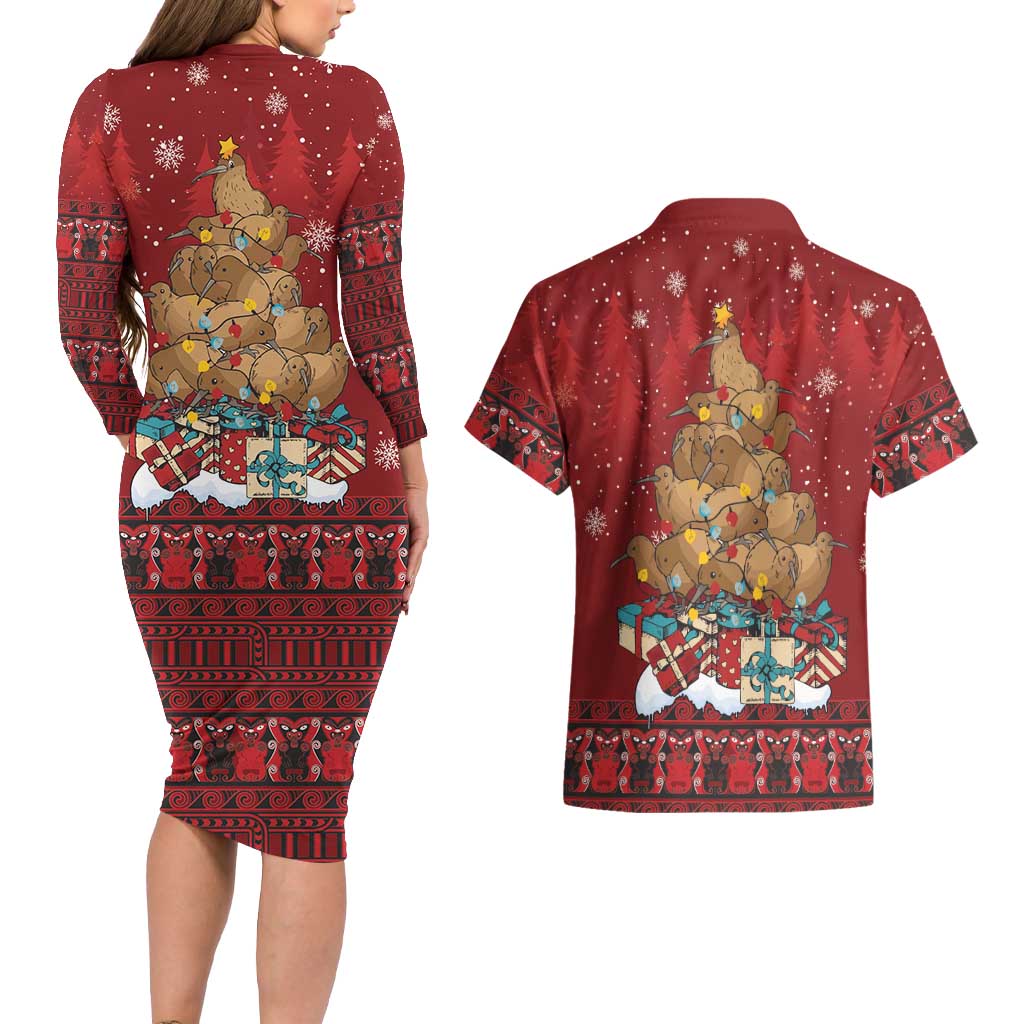 Funny Kiwi Bird Xmas Tree Couples Matching Long Sleeve Bodycon Dress and Hawaiian Shirt New Zealand Tribal Christmas Spirit LT9 - Polynesian Pride