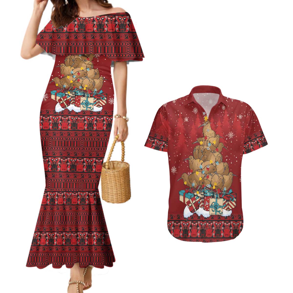 Funny Kiwi Bird Xmas Tree Couples Matching Mermaid Dress and Hawaiian Shirt New Zealand Tribal Christmas Spirit - Polynesian Pride