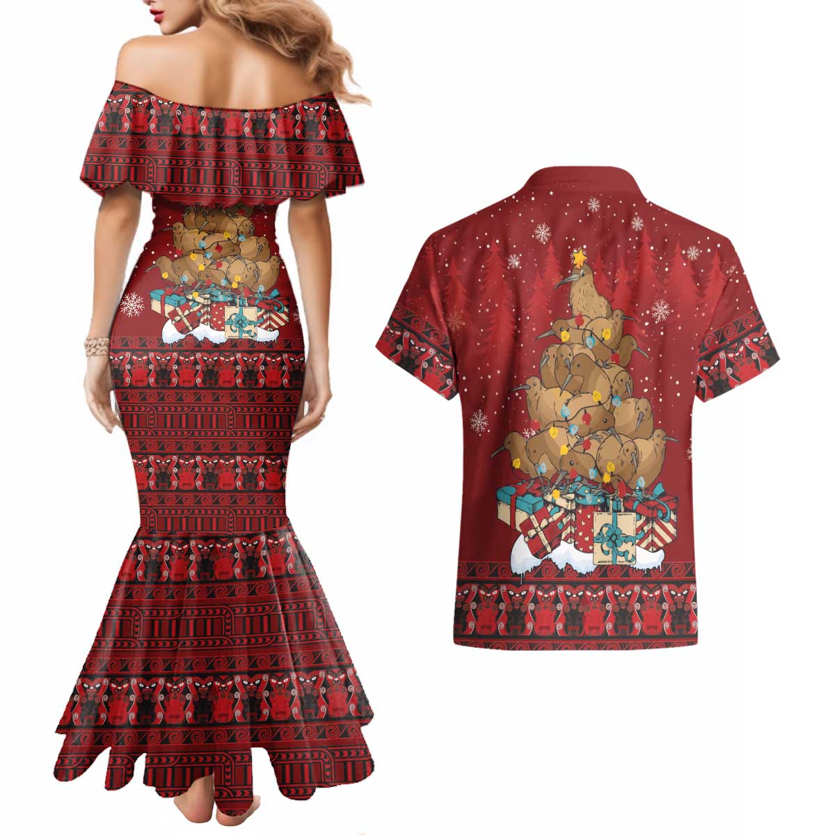Funny Kiwi Bird Xmas Tree Couples Matching Mermaid Dress and Hawaiian Shirt New Zealand Tribal Christmas Spirit - Polynesian Pride