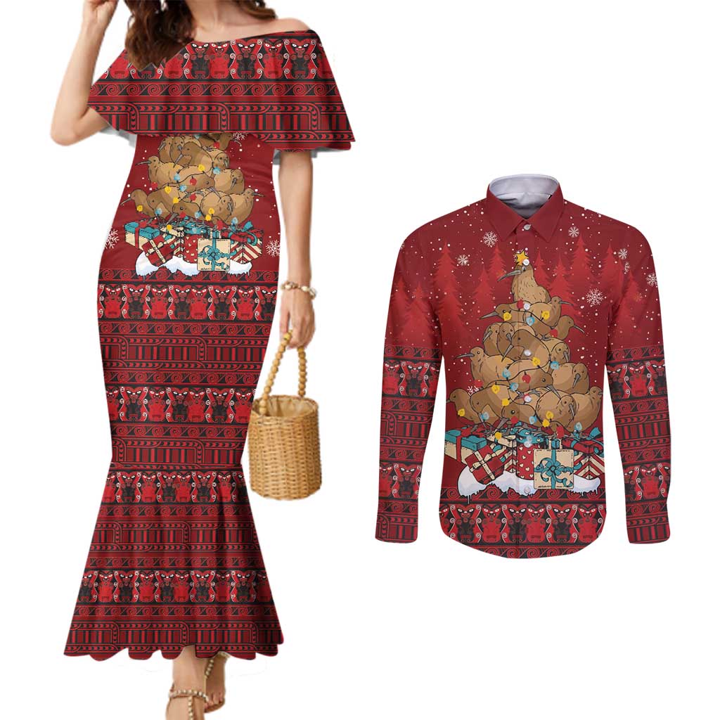 Funny Kiwi Bird Xmas Tree Couples Matching Mermaid Dress and Long Sleeve Button Shirt New Zealand Tribal Christmas Spirit LT9 Red - Polynesian Pride