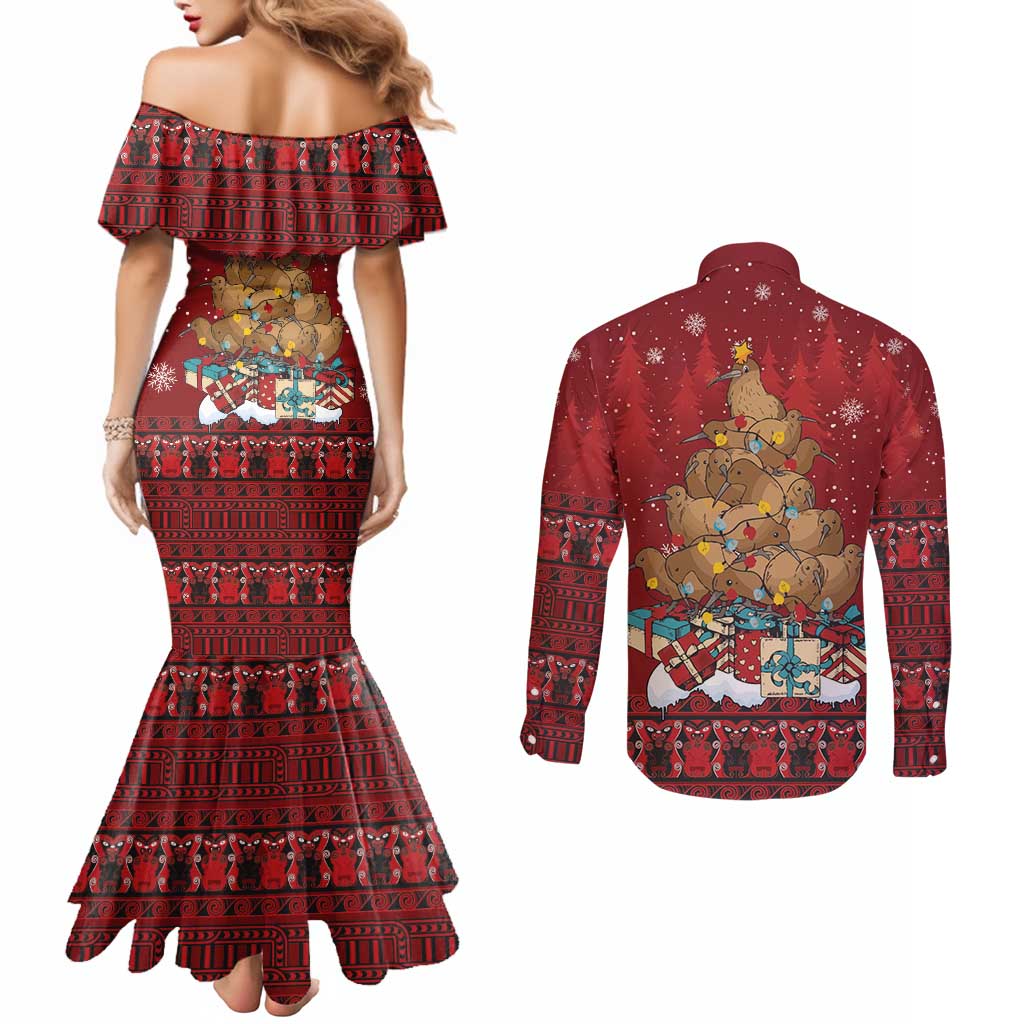 Funny Kiwi Bird Xmas Tree Couples Matching Mermaid Dress and Long Sleeve Button Shirt New Zealand Tribal Christmas Spirit LT9 - Polynesian Pride