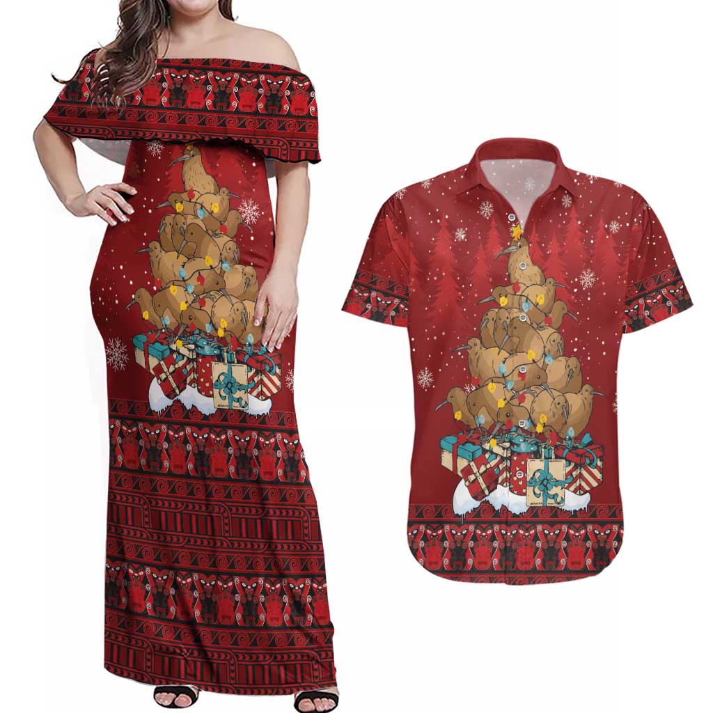 Funny Kiwi Bird Xmas Tree Couples Matching Off Shoulder Maxi Dress and Hawaiian Shirt New Zealand Tribal Christmas Spirit - Polynesian Pride