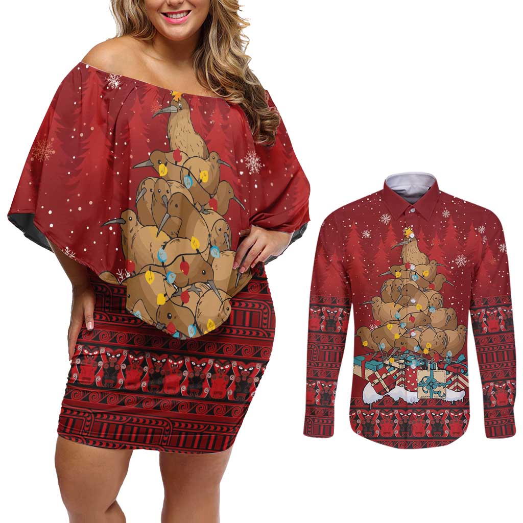 Funny Kiwi Bird Xmas Tree Couples Matching Off Shoulder Short Dress and Long Sleeve Button Shirt New Zealand Tribal Christmas Spirit - Polynesian Pride