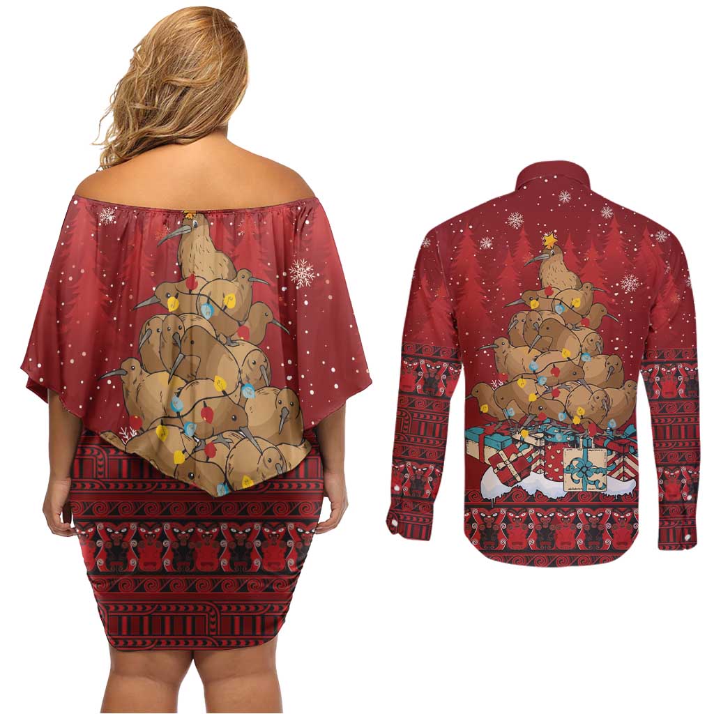 Funny Kiwi Bird Xmas Tree Couples Matching Off Shoulder Short Dress and Long Sleeve Button Shirt New Zealand Tribal Christmas Spirit - Polynesian Pride