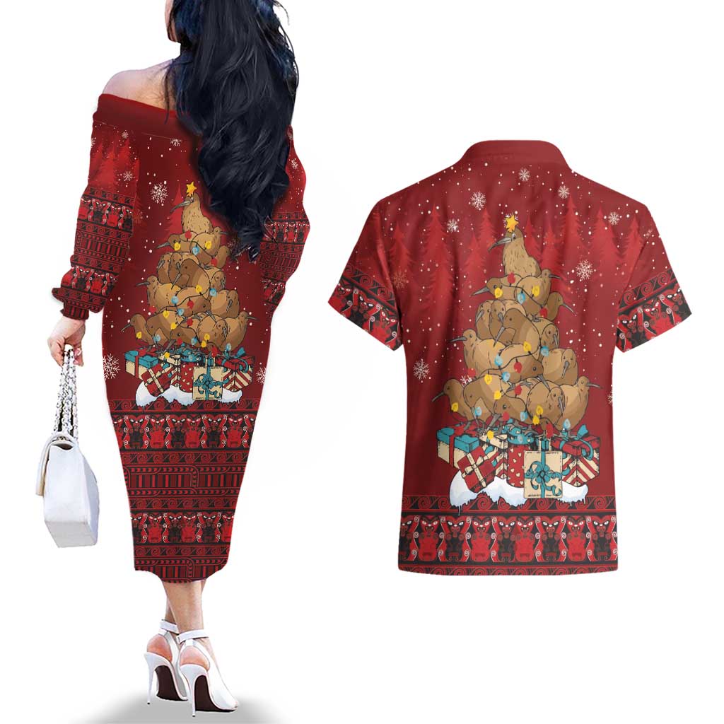Funny Kiwi Bird Xmas Tree Couples Matching Off The Shoulder Long Sleeve Dress and Hawaiian Shirt New Zealand Tribal Christmas Spirit LT9 - Polynesian Pride