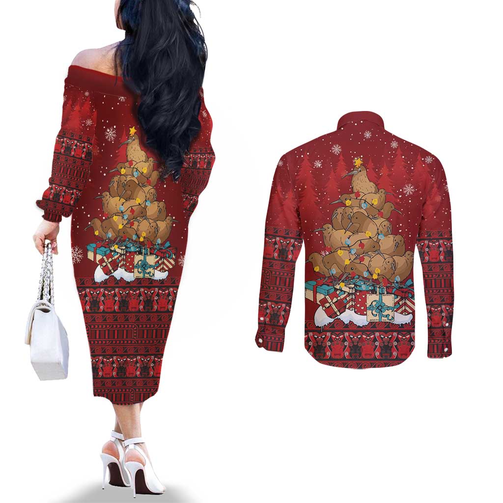 Funny Kiwi Bird Xmas Tree Couples Matching Off The Shoulder Long Sleeve Dress and Long Sleeve Button Shirt New Zealand Tribal Christmas Spirit - Polynesian Pride