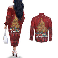 Funny Kiwi Bird Xmas Tree Couples Matching Off The Shoulder Long Sleeve Dress and Long Sleeve Button Shirt New Zealand Tribal Christmas Spirit - Polynesian Pride